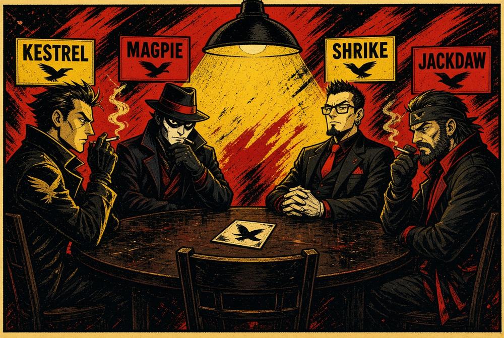 Four players around a lit table, each with a name card above their head. The fifth chair, facing away, is yours.